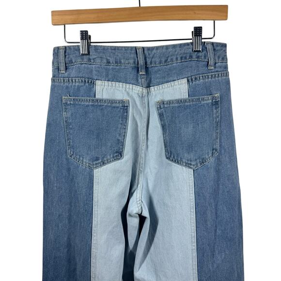 Women Jeans Size M Denim Patch Wide Leg Baggy Raw Hem Oversized Grunge Boho Pant - Picture 5 of 8